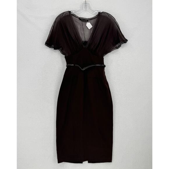 Black Halo Dresses & Skirts - Black Halo Dila Brown V Neck Belted Short Sleeve Fitted Sheath Dress Sz XS NEW